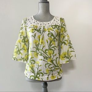 Anthropologie HD in Paris bell sleeve lace detail floral top cream yellow boho